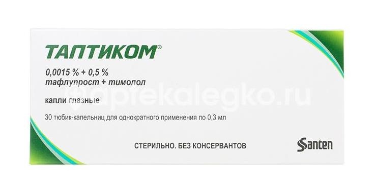 Таптиком 0,0015% + 0,5% 30шт. капли глазные 0,3мл. тюбик - капельница Таптиком 0,0015% + 0,5% 30шт. капли глазные 0,3мл. тюбик - капельница - 1