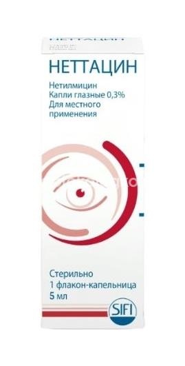 Изображение Неттацин 0,3% 1шт. капли глазные 5мл. флакон - капельница Неттацин 0,3% 1шт. капли глазные 5мл. флакон - капельница С.И.Ф.И.С.п.А