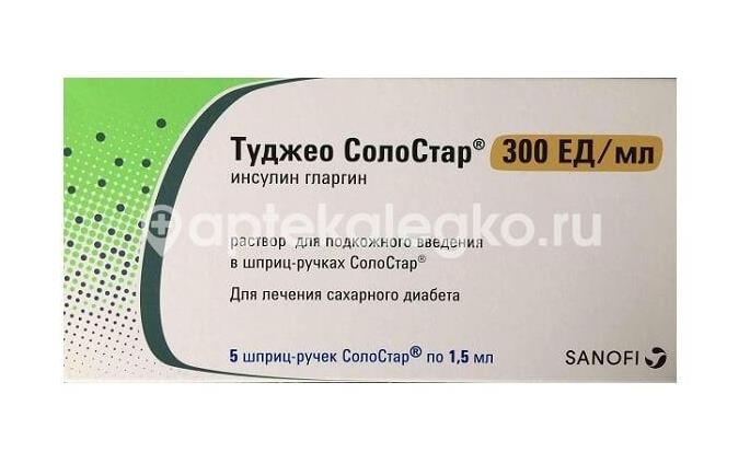 Туджео солостар 300ед./мл. 5шт. раствор для подкожного введения 1,5мл. картридж Туджео солостар 300ед./мл. 5шт. раствор для подкожного введения 1,5мл. картридж - 1